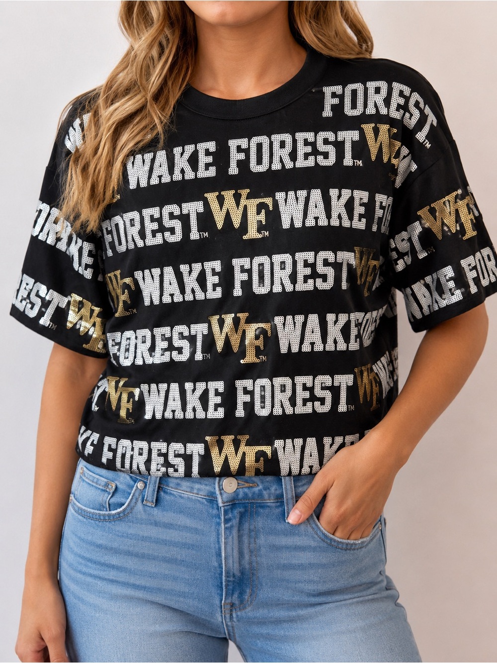 Stewart Simmons Wake Forest Sequin Graphic Top NWT XS Black Gold